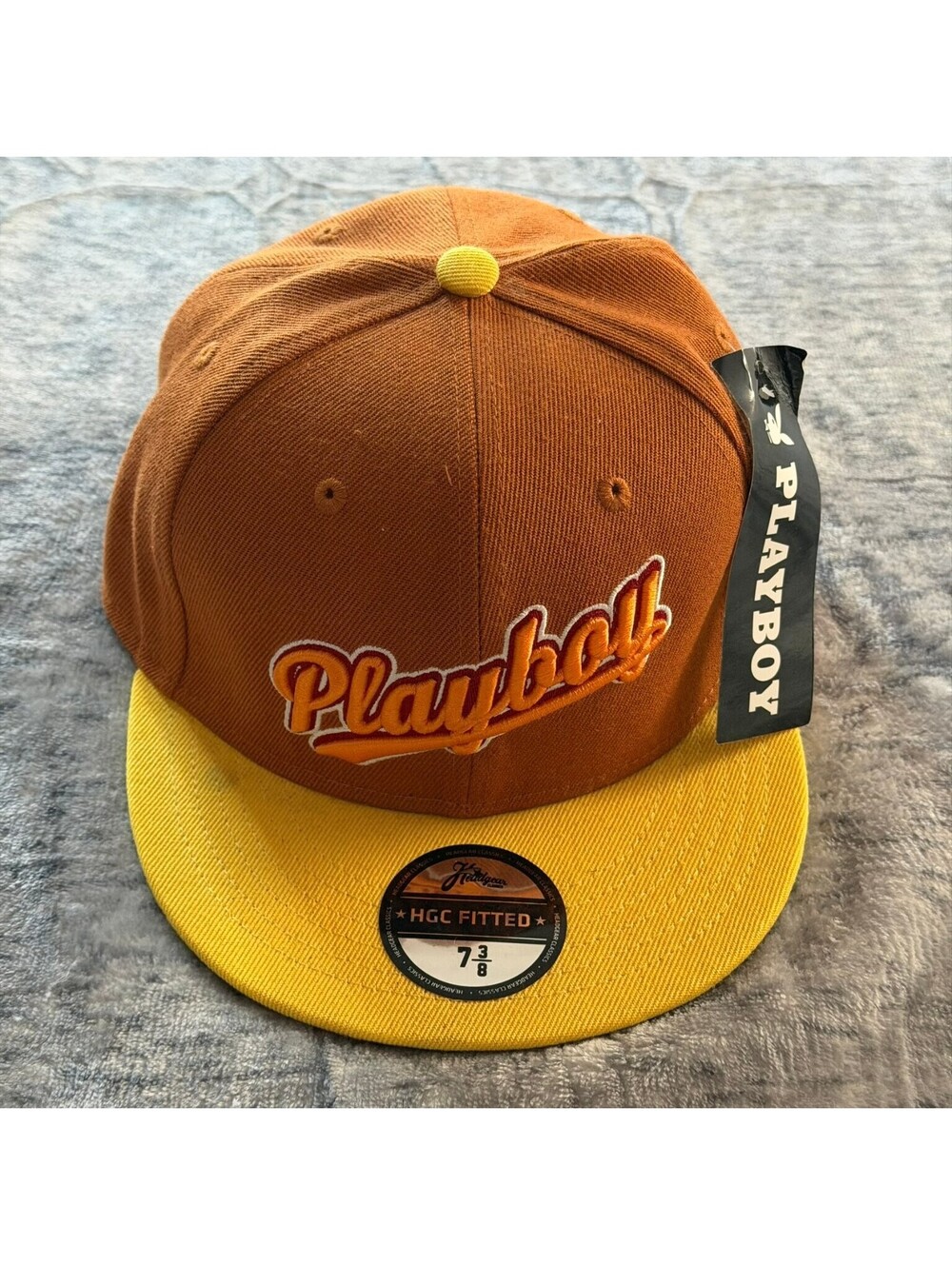 Playboy Headgear Classics Fitted Hat 7 3/8 Tan Yellow Stay Playful Bunny Cap